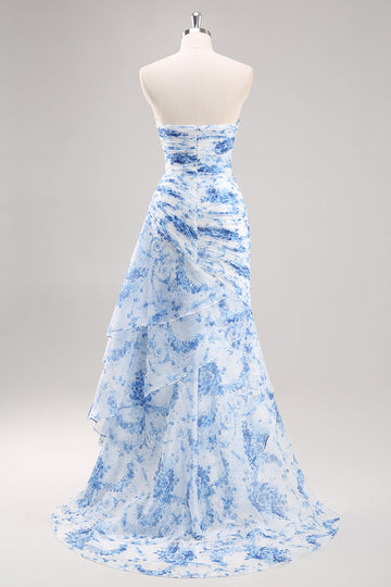 Strapless Mermaid White Blue Floral Prom Dress
